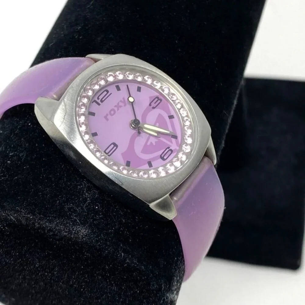 Roxy Girls Watch Silicone Band Purple Face Crystal Bezel Stainless Steel Case